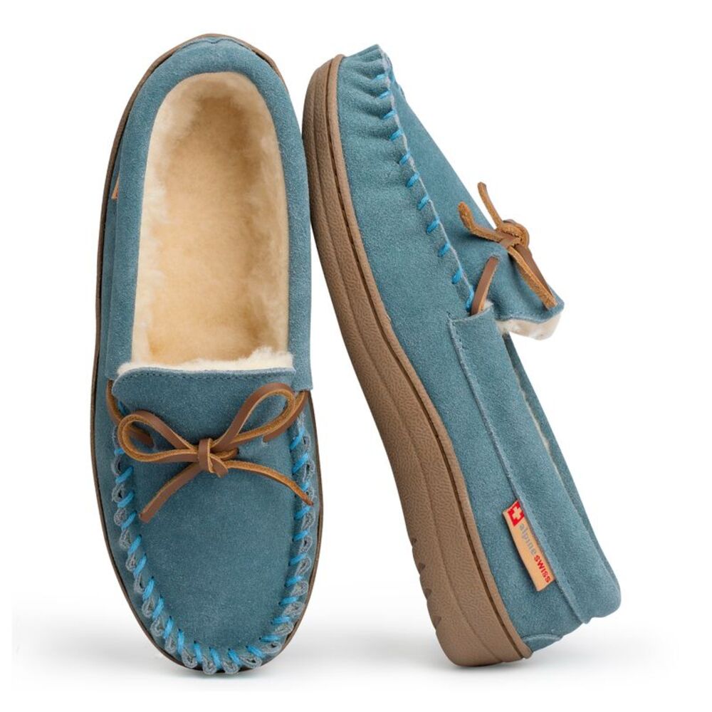Alpine Swiss Sabine Womens Suede Shearling Moccasin Slippers House Shoes Slip On - Picture 6 of 9